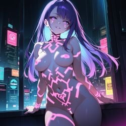 augments city cyber cyberpunk cybertech dystopian explicit futuristic glowing implants neon neon_lights nsfw nude sci-fi tattoos