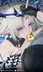 1boy absurdres black_collar black_gloves black_jacket blonde_hair blue_eyes blue_hair blush breasts censored collar colored_inner_hair commentary crown_of_thorns earrings english_commentary fanbox_username fellatio female fleurdelys_(wuthering_waves) floating_earrings gloves grabbing_another's_horns grey_shirt highres horns jacket jewelry large_breasts long_hair long_horns male male_rover_(wuthering_waves) multicolored_hair novelty_censor ohkurrva oral paid_reward_available parted_bangs patreon_username pointy_ears rover_(wuthering_waves) shirt single_horn straight streaked_hair sweat tacet_mark_(wuthering_waves) very_long_hair web_address wuthering_waves yellow_horns