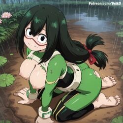 ai_generated ass asui_tsuyu barefoot black_eyes blush bodysuit boku_no_hero_academia breasts_out deik0 domino_mask frog_girl from_above froppy green_hair hair hair_between_eyes kneeling large_breasts long_hair looking_at_viewer low-tied_long_hair my_hero_academia nipples sidelocks soles superheroine swamp toes torn_bodysuit torn_clothes tsuyu_asui