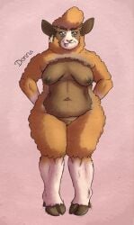 absurd_res anthro bovid breasts brown_body brown_fur brown_wool caprine character_name donna_(kantachibli) ear_piercing ear_tag english_text female fur genitals hi_res hooves kantachibli mammal mature_anthro mature_female navel nipples nude nude_anthro nude_female piercing pussy sheep smile solo standing text tongue tongue_out vulva white_body white_fur white_wool wool_(fur)