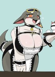 2025 accessory anthro big_breasts blush breasts cherry circle_eyebrows cleavage clothed clothing coffee_cup collar container cuff_links cup dragon drahati7 ear_piercing ear_ring eyebrows eyelashes eyewear eyewear_on_head female floppy_ears food fruit furgonomics grey_body hairless heart_symbol hi_res holding_platter horn huge_breasts kemono latte_(sme4) leaning leaning_forward looking_at_viewer maid_apron maid_uniform mythological_creature mythological_scalie mythology non-mammal_breasts open_mouth orange_eyes piercing plant platter portrait pupils ring_piercing scalie simple_background slit_pupils snout solo sundae sunglasses sunglasses_on_head tail tail_accessory tan_body thick_tail thick_thighs three-quarter_portrait three-quarter_view uniform white_eyebrows wide_hips