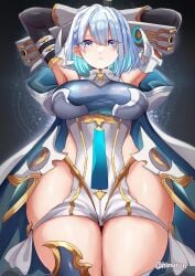 arms_up bare_shoulders black_sleeves blue_eyes blue_hair bodysuit breasts cape cowboy_shot detached_sleeves dreizehn_(shadowverse) dual_wielding female gloves highres himuro_shunsuke holding large_breasts medium_hair shadowverse shadowverse:_worlds_beyond solo thighs two-sided_cape two-sided_fabric white_bodysuit white_gloves
