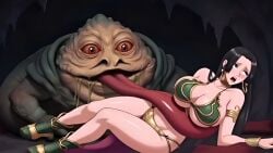 ai_generated alien amazon amazonian animated big_breasts bikini black_hair boa_hancock bracelet breasts busty_female crossover degraded degrading ear_piercing earrings empress exotic female grotesque humiliation interspecies jabba_the_hutt jabbaman58 laying_down licked licking licking_breast long_hair male one_piece shichibukai slave_outfit slime star_wars tall_female thick_thighs tongue_out voluptuous voluptuous_female