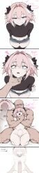 2boys ai_generated anal asphyxiation astolfo_(fate) astolfo_(saber)_(fate) astolfo_monster_cosplay_(meme) black_bow black_shirt blush bow braid bulge comic crop_top cum_inflation cumflation dark-skinned_male dark_skin denim_shorts english_text erection fate/extra fate/grand_order fate/stay_night fate/zero fate_(series) femboy feminine_male feminization hair_between_eyes hair_intakes hairbow heart heart-shaped_pupils inflation korean_text long_hair long_sleeves male male_focus male_only midriff multicolored_hair multiple_boys muscular navel nipples nude oerba_yun_fang open_mouth otoko_no_ko penis penis_size_difference pink_hair purple_eyes sex sex_from_behind shirt short_shorts shorts sissy sitting skin_fang smile sondu speech_bubble stomach_bulge strangling streaked_hair sweat symbol-shaped_pupils thighhighs trap twink white_background white_hair yaoi