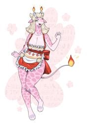 1girls 2025 3_toes 4_fingers anthro apron apron_only biped breasts clothed clothed_anthro clothed_female clothing digital_media_(artwork) dress feet female female_only fingers front_view giraffe giraffid green_eyes hi_res kame_3 looking_at_viewer mammal markings nulia open_mouth open_smile pink_body simple_background smile smiling smiling_at_viewer solo spots spotted_body tail toes tongue