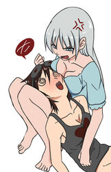 2girls annoyed artist_request asleep blue_eyes bottomless cleavage clothed eyebrows_visible_through_hair feet female female_focus female_only mouth multiple_girls open pajamas red_hair rooster_teeth ruby_rose rwby sleeping weiss_schnee white_hair white_rose_(ship)