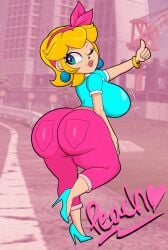1girls armwear ass big_ass big_breasts blonde_hair blue_eyes blue_shirt bottomwear bracelet breasts bubble_ass bubble_butt clothing ear_piercing earrings female female_only footwear full_body hair headwear heels high_heels huge_ass huge_breasts legs lips looking_back mario_(series) mario_kart_world motion_lines one_eye_closed pants parted_lips pink_pants princess_peach princess_peach_(sightseeing) shirt solo solo_female someth1ngoranother thick_lips thighs thumbs_up topwear wink winking