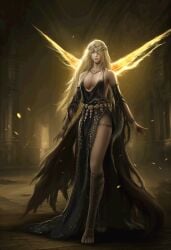 ai_generated blonde_hair breasts cleavage elden_ring full_body gold_eyes high_heel_boots necklace queen_marika_the_eternal thighs
