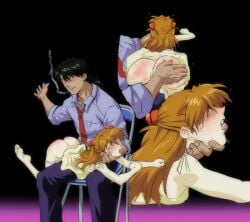 1boy age_difference amondetauro anus ass asuka_langley_sohryu barefoot black_hair blue_shirt blush breasts chair dimples_of_venus dress english_commentary female finger_in_another's_mouth half_updo hand_up highres interface_headset_(evangelion) kaji_ryouji long_hair mature_male mixed-language_commentary necktie neon_genesis_evangelion orange_hair over_the_knee panties panty_pull pussy ryoji_kaji shirt sitting slap_mark small_breasts smoking souryuu_asuka_langley spanish_commentary spanked spanking underwear white_panties yellow_dress