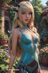 1girls ai_generated artist_name bare_shoulders blonde_hair blue_eyes blurry breasts cleavage corset cowboy_shot day flower hi_res horns illyana_rasputin lingerie lips long_hair looking_at_viewer magik_(illyana_rasputin) marvel marvel's_midnight_suns medium_breasts nose outdoors panties parted_lips patreon_username plant progenarts realistic solo underwear web_address