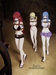 3d 3girls arm_tattoo arms_behind_back bagify bikini blonde_hair blonde_hair_female blue_hair blue_hair_female blue_tattoo bondage bound bound_arms erza_scarlet fairy_tail fairy_tail_mark female females_only full_body gag gagged juvia_lockser lucy_heartfilia multiple_girls red_hair red_hair_female swimsuit tattoo