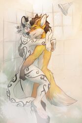 black_fur blush brown_fur brown_hair canine cherrybox feline fox furry gay hair horn hug interspecies male no_humans orange_fur shower water white_fur