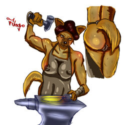 anthro anvil apron areola ass big_breasts blacksmith breasts canine corruption_of_champions erect_nipples female floxgo hair hammer nipples pussy red_hair tools yvonne_(corruption_of_champions)