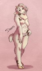 5_fingers absurd_res anthro bovid breasts caprine character_name dawn_(kantachibli) ear_piercing ear_ring elderly_anthro elderly_female english_text female fingers fur genitals hi_res hooves horn humanoid_hands kantachibli mammal mature_anthro mature_female navel nipples nude nude_anthro nude_female piercing ring_piercing sheep shetland_sheep solo standing tail text vulva white_body white_fur white_wool wool_(fur)
