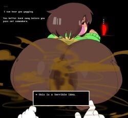 blush brown_hair brown_shorts chara chara_(undertale) fart farting farting_at_viewer green_shirt knife novacartridge_(artist) onomatopoeia text undertale wet