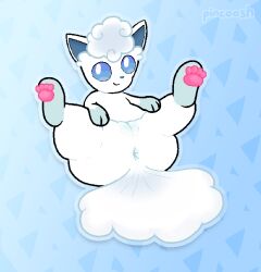 alolan_form alolan_vulpix anus ass blue_eyes digital_media_(artwork) female female_feral feral fur generation_7_pokemon genitals hi_res leg_markings looking_at_viewer lying markings nintendo on_back pattern_background pawpads paws pincoosh pink_paws pokemon pokemon_(species) presenting presenting_anus presenting_vulva pussy quadruped regional_form_(pokemon) signature simple_background smile socks_(marking) solo tail vulva white_body white_fur