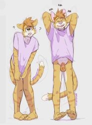 5_fingers anthro arms_above_head barefoot chuck_(p_rindustries) clothed clothing covering covering_crotch domestic_cat embarrassed feet felid feline felis fingers flaccid fur genitals hands_behind_head laugh male mammal p_rindustries pantsless penis pink_nose question_mark signature standing striped_body striped_fur stripes tan_body tan_fur whisker_spots white_body white_fur