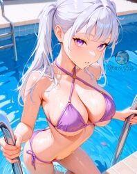 2025 ai_generated anime black_clover crunchyroll instagram looking_at_viewer manga meta noelle_silva not_porn pool_background purple_bikini unknown_artist wet_bikini wet_body wet_skin white_eyebrows white_hair_female