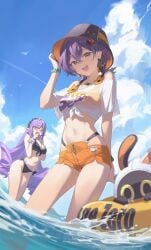 2girls :d absurdres alternate_costume bangboo_(zenless_zone_zero) bare_shoulders belle_(zenless_zone_zero) bikini black_bikini blurry bracelet breasts bucket_hat cleavage commentary crop_top day depth_of_field earrings eous_(zenless_zone_zero) front-tie_bikini_top front-tie_top green_eyes hair_between_eyes hand_on_headwear hand_up hat headdress highleg highleg_bikini highres innertube jewelry large_breasts long_hair looking_at_viewer medium_breasts midori_fufu midriff multiple_girls navel off-shoulder_shirt off_shoulder official_alternate_costume open_mouth orange_shorts outdoors pointy_ears purple_hair ringlets scrunchie shirt short_shorts short_twintails shorts side-tie_bikini_bottom smile sparkling_eyes standing stomach swim_ring swimsuit thighs twintails very_long_hair vivian_(zenless_zone_zero) vivian_banshee wading water white_shirt wrist_scrunchie zenless_zone_zero