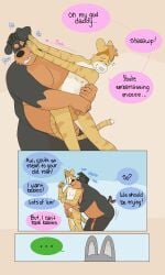 3:5 5_fingers age_difference anthro belly big_belly black_body black_fur black_hair black_nose blue_background blush brown_body brown_fur canid canine canis chuck_(p_rindustries) closed_eyes daddy_kink dobermann domestic_cat domestic_dog dominant ellipsis english_text faceless_character felid feline felis fingers fred_(p_rindustries) fur grabbing_another grabbing_from_behind hair hi_res hug kissing laugh male male/male mammal mature_male mohawk mullet p_rindustries pink_nose pinscher pushing_away simple_background size_difference slightly_chubby standing striped_body striped_fur stripes submissive tail tail_motion tailwag tan_body tan_fur text whisker_spots white_body white_fur will_(p_rindustries)