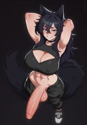 abs absurdres animal_ears armpits arms_behind_head artist_name belt black_choker black_hair black_pants blue_eyes breasts choker cleavage cleavage_cutout clothing_cutout commission covered_nipples crossed_bangs erection female from_above futanari glooz glooz_art grin hair_between_eyes highres large_breasts large_penis large_tail large_testicles long_hair looking_at_viewer muscular muscular_female navel open_pants original pants penis penis_out pouch shiny_skin shoes smile sneakers solo standing tail testicles thigh_belt thigh_pouch thigh_strap uncensored veins veiny_penis very_long_hair wolf_ears wolf_girl wolf_tail