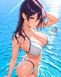 2025 ai_generated anime bambietta_basterbine beach_background belly bleach crunchyroll hand_on_hair instagram meta not_porn purple_eyes_female purple_hair_female tummy unknown_artist wet_bikini wet_body wet_skin white_bikini