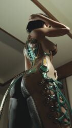 1girls 3d armpits asian asian_female big_ass blender bodysuit eve_(stellar_blade) female female_only fousters from_behind from_below hi_res medium_breasts ribbon short_hair solo stellar_blade suit