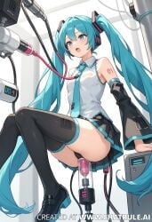 1girls ai_generated anal anal_object_insertion arm_sleeve arm_sleeves blue_eyes blue_hair clothed dildo female female_penetrated fucking_machine fucktoy hatsune_miku machine marked object_insertion sex_machine sex_toy sitting_on_dildo thighhighs vocaloid