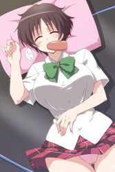 black_hair cheek_bulge chuunibyou_demo_koi_ga_shitai! dress_shirt fellatio female mikagami_sou oral panties pantyshot penis pillow plaid plaid_skirt school_uniform shirt short_hair skirt sleep_molestation sleeping solo tsuyuri_kumin underwear