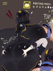 1boy 1girls ass ass_focus ass_grab breasts c-cape curvy female femdom helldiver_(helldivers) helldivers helldivers_2 helmet helmet_only helmet_with_visor huge_breasts large_ass large_breasts larger_female male male/female malesub masked smaller_male thick_thighs tonka_kryga wide_hips