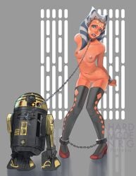 ahsoka_tano alien ankle_cuffs artist_name astromech_droid bondage bondage bound breasts chain_leash chains collar colored_skin female female female_focus female_only hardmode_nrg leash nipples nude orange_skin patreon_username r3-s6 robot slave small_breasts star_wars togruta watermark