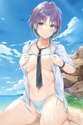 areola_slip asakura_toru bare_belly bare_legs bare_thighs barefoot beach belly_button big_breasts bikini bikini_top_pull blue_bikini blue_eyes blush bracelet breasts closed_mouth collarbone feet gradient_hair homu_(seven_deadly_sins) idolmaster idolmaster_shiny_colors multicolored_hair necktie on_knees open_shirt outdoors purple_hair shirt short_hair smile thighs toes wariza white_shirt