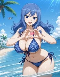 1girls ai_generated beach bikini blue_bikini blue_eyes blue_hair blue_sky breasts cleavage closed_mouth cloud collarbone eternoai fairy_tail female hair_between_eyes heart heart_hands huge_breasts juvia_lockser large_breasts leopard_print long_hair looking_at_viewer navel ocean outdoors palm_tree print_bikini side-tie_bikini sky smile solo solo_female stomach string_bikini swimsuit thighs wading water