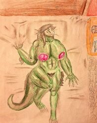 anthro bed big_breasts big_nipples breasts crocodile crocodilian huge_breasts lying lying_on_back muscular muscular_female scalie scp-682 scp_foundation skull_head terminatormkii traditional_media_(artwork)