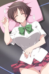 female black_hair chuunibyou_demo_koi_ga_shitai! cum cum_in_mouth dress_shirt mikagami_sou panties pantyshot pillow plaid plaid_skirt school_uniform shirt short_hair skirt sleeping solo tsuyuri_kumin underwear