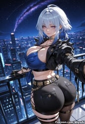 1girl ahoge ai_assisted ai_generated ass bangs belt black_jacket blue_hair blush bracelet breasts building choker cityscape cleavage closed_mouth curvaceous curvy curvy_female curvy_figure earrings eyebrows_visible_through_hair female galbrena_(wuthering_waves) gloves hair_between_eyes jacket jewelry large_breasts long_sleeves looking_at_viewer midriff miyuai necklace night night_sky outstretched_arm purple_eyes short_hair sidelocks silver_hair sky skyscraper smile solo standing star_(sky) starry_sky tacet_mark_(wuthering_waves) thick thick_ass thick_butt thick_hips thick_legs thick_thighs thigh_boots thigh_strap thighhighs thighs twisted_torso voluptuous voluptuous_female wide_hips wide_thighs wuthering_waves