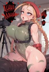 1boy 1girls ai_generated bedroom big_breasts blonde_hair blue_eyes braided_hair cammy_white cowgirl_position dark-skinned_male ded_173 indoors interracial muscular_female riding sex street_fighter