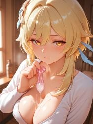 1girls condom cum genshin_impact lumine_(genshin_impact)