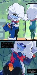 1boy 1girls breast_grab breasts deltarune deltarune_chapter_3 dress dressing dressing_room elnina_(deltarune) hair lanino_(deltarune) mawile123 nipples nipples_visible_through_clothing penis precum sweat text text_box thigh_sex thighhighs thighs veiny_penis white_hair