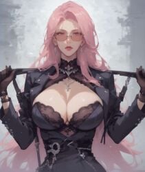 ai_generated big_breasts cleavage dungeon_and_fighter earrings female_slayer_(dungeon_and_fighter) gloves necklace pink_eyes pink_hair shu sunglasses