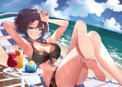 ahoge armpits asakura_toru bare_arms bare_belly bare_legs bare_shoulders bare_thighs beach beach_chair bikini blue_eyes blue_nails blush breasts cleavage collarbone gradient_hair idolmaster idolmaster_shiny_colors medium_breasts multicolored_hair nail_polish ocean outdoors parted_lips puni_(punycolors) purple_hair short_hair sitting thighs toenail_polish water wet_body