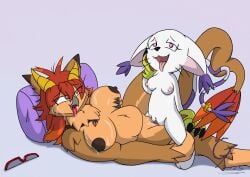 anthro avian bandai_namco bianc_(el_senor_erizo) bodily_fluids breasts brown_body brown_fur digimon digimon_(species) digital_drawing_(artwork) digital_media_(artwork) dragon_horn duo emerald_oc excited_expression excited_female excited_for_sex felid feline female female/female fur gatomon genital_fluids green_eyes hair hi_res horn hybrid mammal mr_harinezumi nude_anthro orange_hair original_character overlord_gabriel vaginal_fluids white_body white_fur