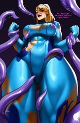 1girls abs big_breasts blonde_hair blue_eyes blush blushing_female breasts clothed clothed_female clothing dialogue female imminent_sex imminent_tentacle_sex long_hair metroid muscular muscular_female nintendo ponytail ripped_clothing samus_aran skin_tight slimy_tentacles sotcho tentacle text thick_thighs thighs zero_suit_samus