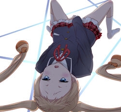 blonde_hair blue_eyes blush chuunibyou_demo_koi_ga_shitai! dekomori_sanae female highres long_hair lying masturbation no_panties nyarimia on_back plaid plaid_skirt saliva school_uniform skirt socks solo tied_hair twintails