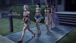 4girls bagify black_hair blue_hair bondage bound_wrists brown_hair clothed_bondage coffle dead_or_alive females_only gag gagged lobelia_(dead_or_alive) luna_(doa) monica_(doa) multiple_girls nanami_(doa) white_hair