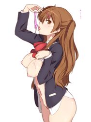 bottomless breasts brown_eyes brown_hair chuunibyou_demo_koi_ga_shitai! condom cum cum_on_body cum_on_breasts cum_on_upper_body drinking_cum drinking_from_condom female hair_ornament hairclip haruhisky highres large_breasts long_hair looking_at_viewer nibutani_shinka nipples open_clothes pubic_hair school_uniform simple_background solo tongue tongue_out used_condom white_background