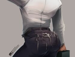 1boy ass ass_focus back_view belt cum cum_on_ass cum_on_clothes male male_focus male_only muscular muscular_male pants pleasurepuppynsfw shirt simple_background solo solo_male