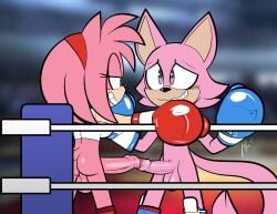 2024 absurd_res amy_rose anthro anthro_on_anthro balls blurred_background blush boxing_gloves breasts clothing digital_media_(artwork) duo embarrassed erection eulipotyphlan felid fighting_ring footwear frottage genitals green_eyes gynomorph gynomorph/male hair handwear hedgehog hi_res intersex intersex/male lettuce_(artist) male mammal penile penis penises_touching pink_body pink_hair sega sex shoes smile sonic_the_hedgehog_(series) topwear white_clothing white_topwear