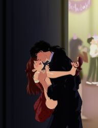 1boy 1girls absurdres after_kiss age_difference alternate_costume amondetauro aroused asuka_langley_sohryu black_hair blush clothed_sex dress female highres kaji_ryouji kissing kissing_while_penetrated larger_male light-skinned_female long_hair looking_pleasured low_ponytail male mature_male neon_genesis_evangelion no_panties older_male older_penetrating_younger orange_hair party petite ponytail red_dress ryoji_kaji saliva saliva_trail sex size_difference smaller_female smile souryuu_asuka_langley standing_sex stealth_sex straight suit suspended_congress teenage_girl teenager upright_straddle vaginal_penetration younger_female
