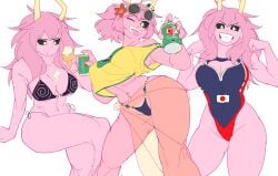 annoyed ass big_ass bikini bikini_bottom black_sclera boku_no_hero_academia brazilian brazilian_shirt cream_on_breasts dripping_ice_cream fit fit_female hips hips_wider_than_shoulders holic_fz ice_cream looking_at_viewer melting_ice_cream mina_ashido my_hero_academia one-piece_swimsuit swimsuit tanline thick_thighs thighs toned_female transparent_clothing yellow_eyes yellow_horns
